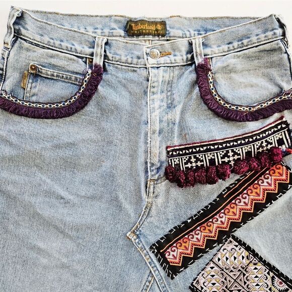 Vintage Reworked Timberland Upcycled Y2K Denim Embroidered Patchwork Skirt 12 - Picture 5 of 15